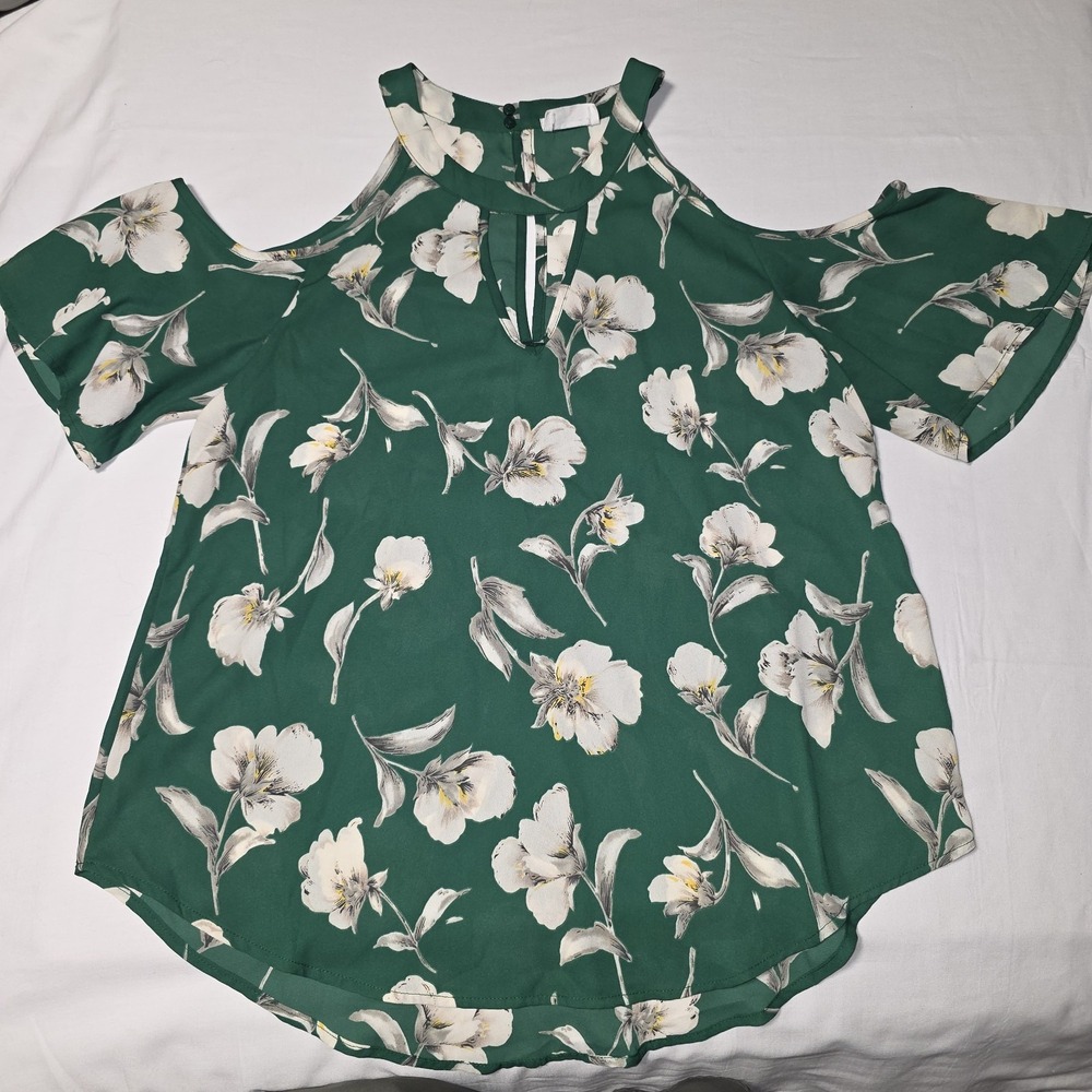 Sienna Sky Women Grn Floral Cold Shoulder Blouse Strappy V-Neck Top Sz S Summer